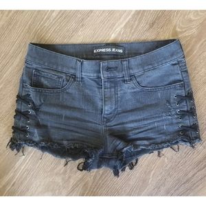 Express black/gray distressed lace up jean shorts